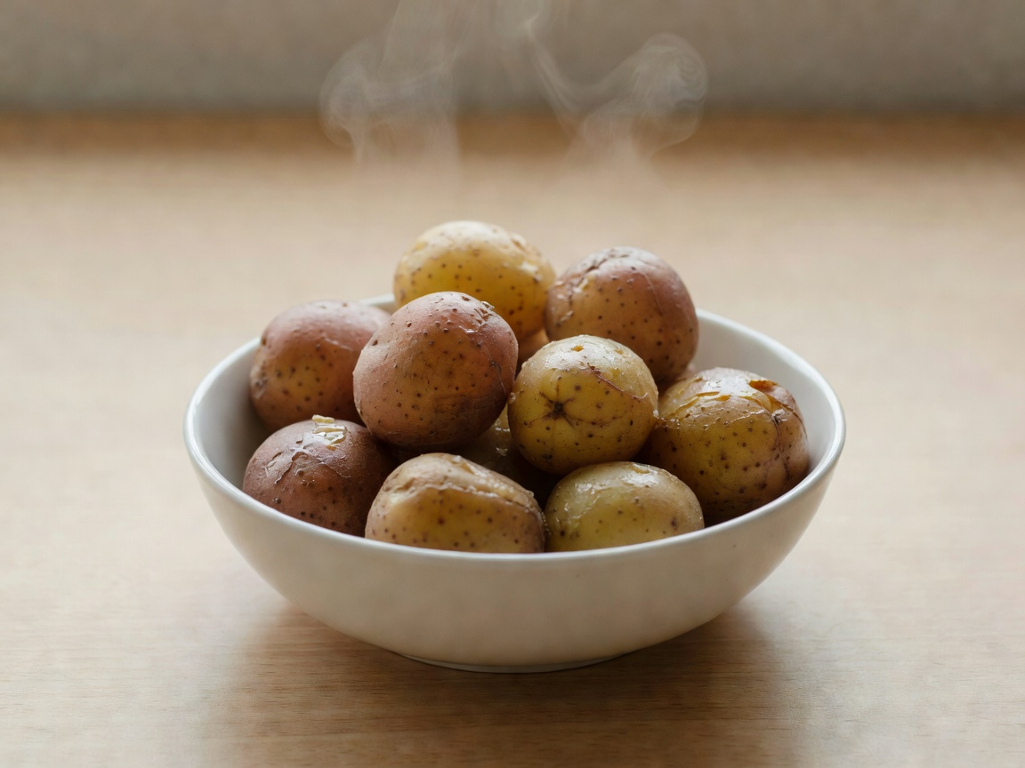 A bowl of boiled new potatoes with their skins on, lightly steaming on a plain table