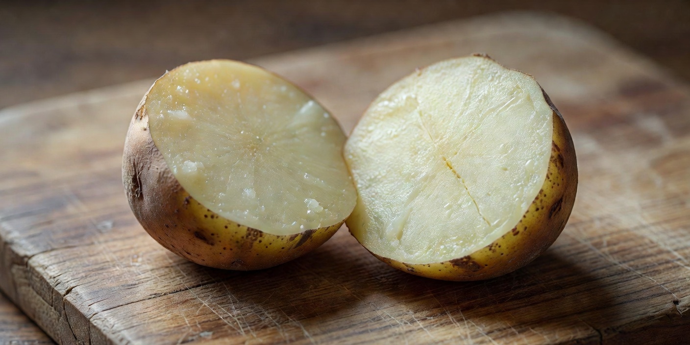 A raw potato cut in half on a board, showing pale flesh and thin brown skin
