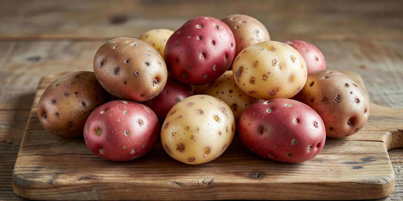 Several potato varieties with brown, red and pale skins laid out together on a wooden board