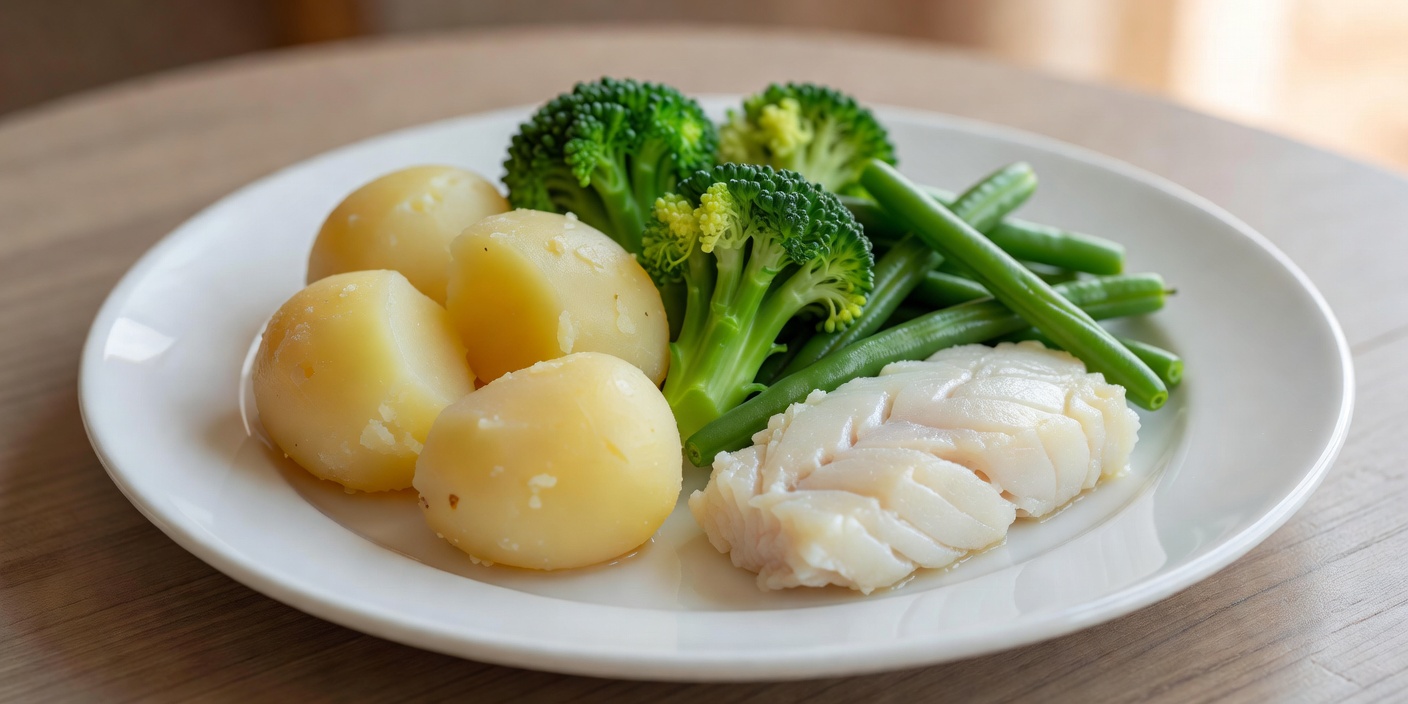 A dinner plate with boiled potatoes, green vegetables and a piece of white fish arranged in sections