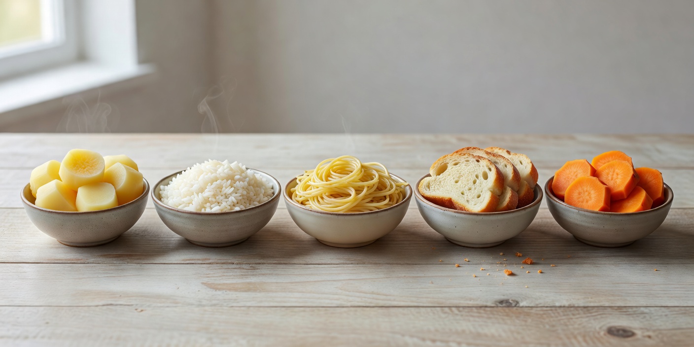 Small bowls of boiled potato, white rice, pasta, sliced bread and sweet potato arranged in a row