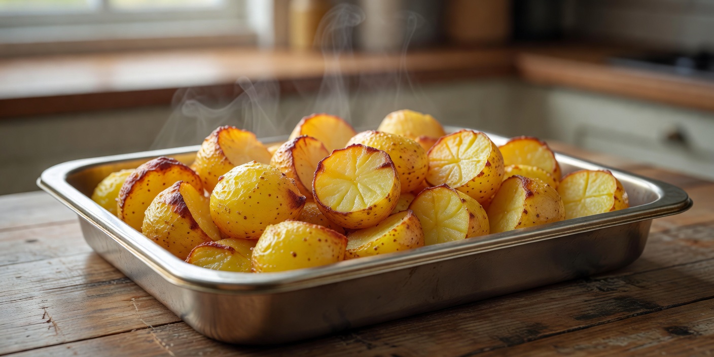 A roasting tray of potatoes cooked to a golden yellow colour rather than dark brown